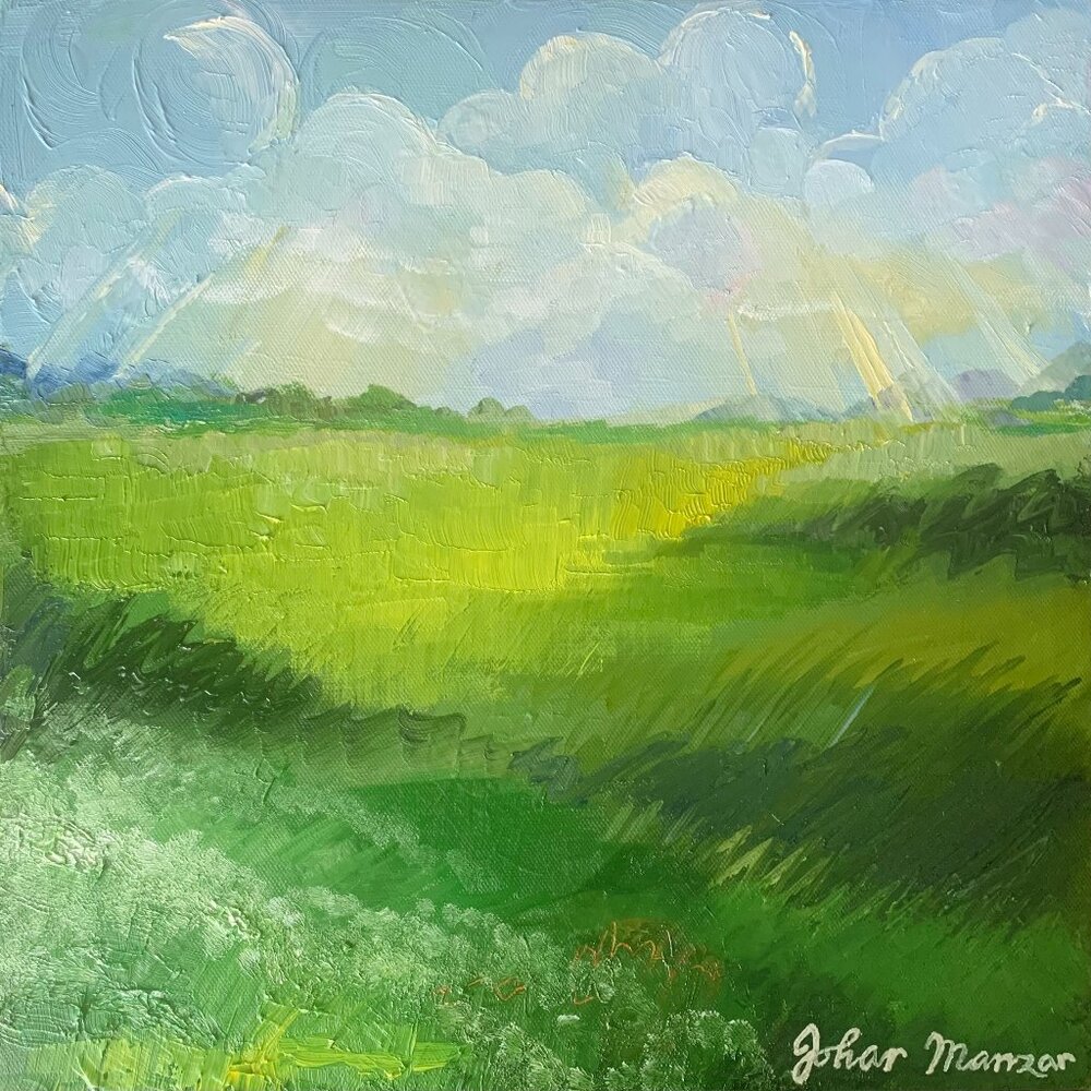Original Oil Painting Landscape Meadow Hill Mountain Green Leaves Clouds Signed